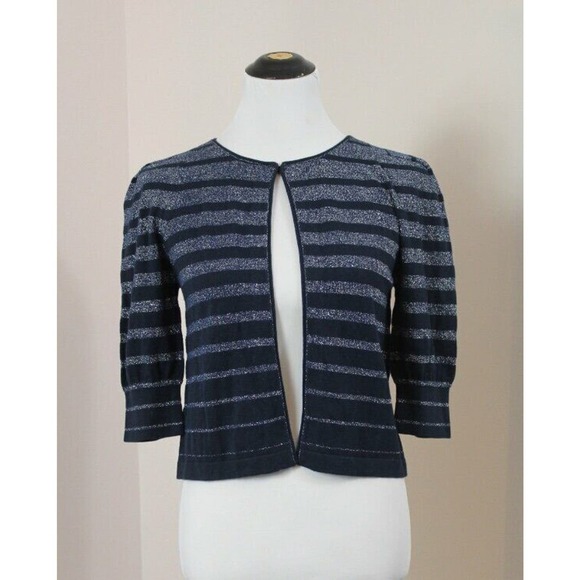 MARC by MARC JACOBS Sz XS Navy Silver Metallic Stripe Crop Cardigan Sweater - Picture 6 of 7